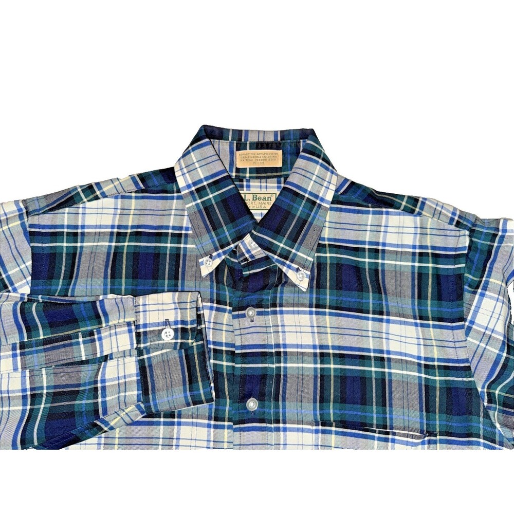 Vintage LL Bean Shirt Mens 15 34 Plaid Green Oxford Button Down OCBD Business 90